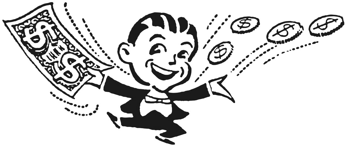 Charming illustration of a smiling man in a tuxedo with money